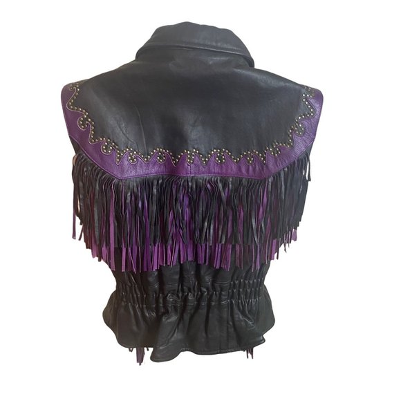 Vance Leathers USA leather black and purple fringe studded vest retro size 2XL - Picture 7 of 11